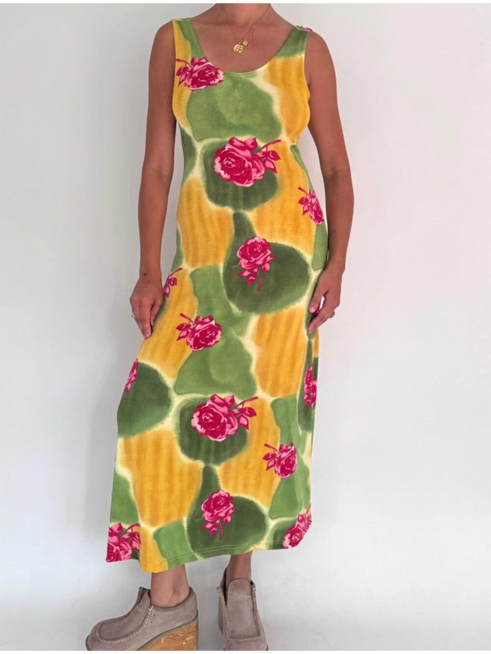 90s vintage colorful rose floral print slinky stretch long sleeveless maxi dress
